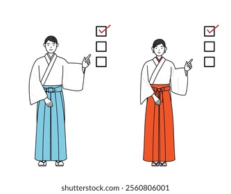 Priest and shrine maiden of the shrine, pointing to a checklist, Vector Illustration