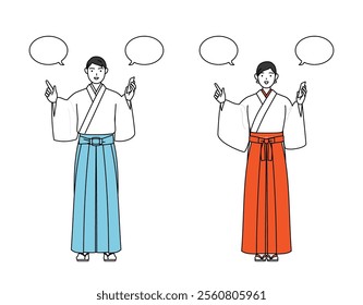 Priest and shrine maiden of the shrine, pointing while on the phone, Vector Illustration