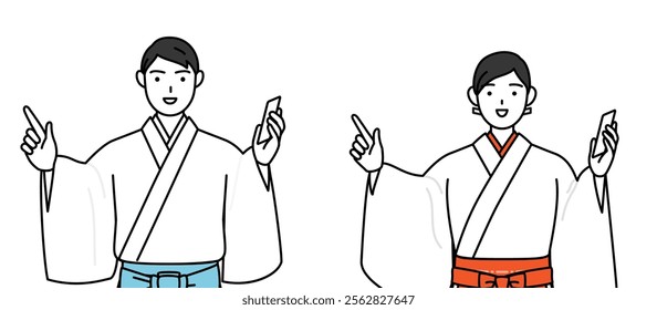 Priest and shrine maiden of the shrine, pointing while on the phone, Vector Illustration