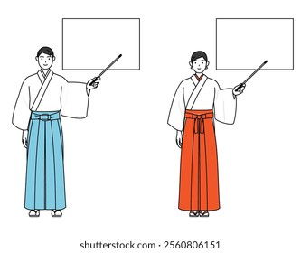 Priest and shrine maiden of the shrine, pointing at a whiteboard with an indicator stick, Vector Illustration