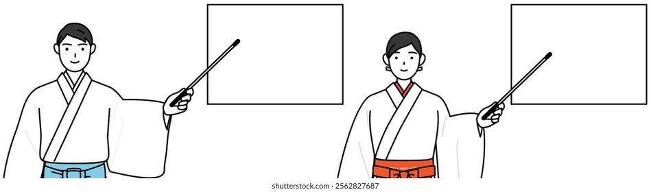 Priest and shrine maiden of the shrine, pointing at a whiteboard with an indicator stick, Vector Illustration