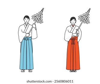 Priest and shrine maiden of the shrine, praying, Vector Illustration