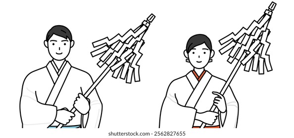 Priest and shrine maiden of the shrine, praying, Vector Illustration