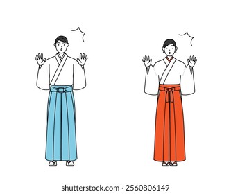 Priest and shrine maiden of the shrine, raising his hand in surprise, Vector Illustration