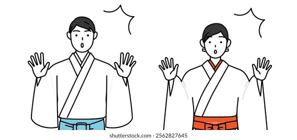 Priest and shrine maiden of the shrine, raising his hand in surprise, Vector Illustration