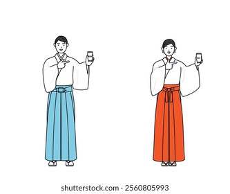 Priest and shrine maiden of the shrine, recommending cashless online payments on a smartphone, Vector Illustration