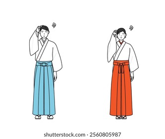 Priest and shrine maiden of the shrine, scratching his head in distress, Vector Illustration