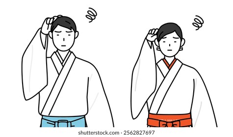 Priest and shrine maiden of the shrine, scratching his head in distress, Vector Illustration