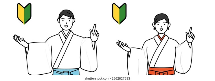 Priest and shrine maiden of the shrine, showing the symbol for young leaves, Vector Illustration