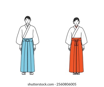 Priest and shrine maiden of the shrine, with a smile facing forward, Vector Illustration