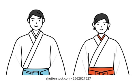 Priest and shrine maiden of the shrine, with a smile facing forward, Vector Illustration