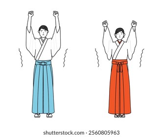 Priest and shrine maiden of the shrine, stretching and standing tall, Vector Illustration