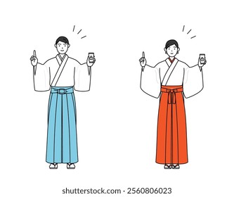 Priest and shrine maiden of the shrine, taking security measures for his phone, Vector Illustration