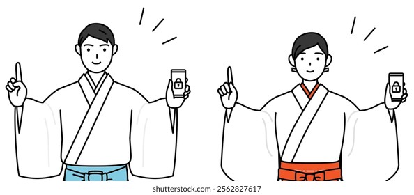 Priest and shrine maiden of the shrine, taking security measures for his phone, Vector Illustration