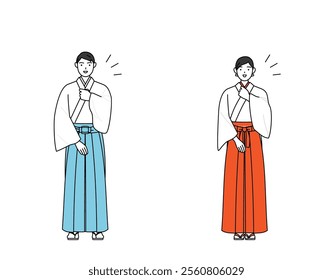 Priest and shrine maiden of the shrine, tapping his chest, Vector Illustration