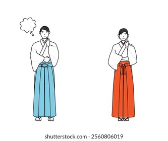 Priest and shrine maiden of the shrine, thinking while scratching his face, Vector Illustration