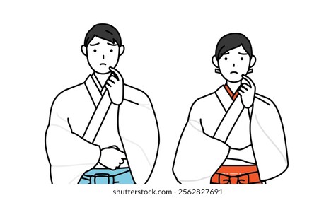 Priest and shrine maiden of the shrine, thinking while scratching his face, Vector Illustration