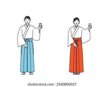 Priest and shrine maiden of the shrine, using a smartphone at work, Vector Illustration