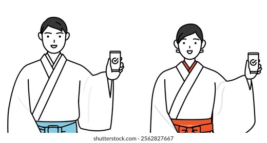 Priest and shrine maiden of the shrine, using a smartphone at work, Vector Illustration