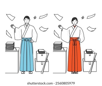 Priest and shrine maiden of the shrine, who is fed up with his unorganized business, Vector Illustration