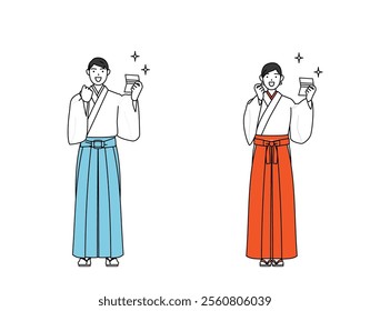 Priest and shrine maiden of the shrine, who is pleased to see a bankbook, Vector Illustration