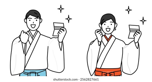 Priest and shrine maiden of the shrine, who is pleased to see a bankbook, Vector Illustration