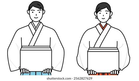 Priest and shrine maiden of the shrine, working to carry cardboard boxes, Vector Illustration