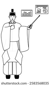 Priest of the shrine, wearing a crown and a white silk robes worn at festivals, analyzing a performance graph, Vector Illustration