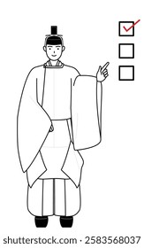 Priest of the shrine, wearing a crown and a white silk robes worn at festivals, pointing to a checklist, Vector Illustration