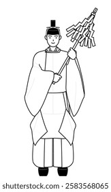 Priest of the shrine, wearing a crown and a white silk robes worn at festivals, praying, Vector Illustration