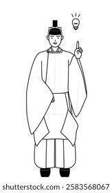 Priest of the shrine, wearing a crown and a white silk robes worn at festivals, coming up with an idea, Vector Illustration