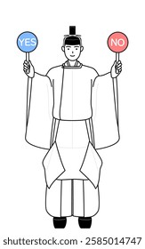 Priest of the shrine, wearing a crown and a white silk robes worn at festivals, holding a placard indicating correct and incorrect answers, Vector Illustration