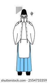 Priest of the shrine, wearing a Eboshi and Kariginu, covering his face in depression, Vector Illustration