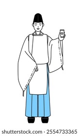 Priest of the shrine, wearing a Eboshi and Kariginu, using a smartphone at work, Vector Illustration