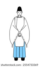 Priest of the shrine, wearing a Eboshi and Kariginu, with hands on top of each other in front of their bodies, Vector Illustration