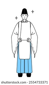 Priest of the shrine, wearing a Eboshi and Kariginu, with his hands on his hips, Vector Illustration