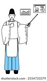 Priest of the shrine, wearing a Eboshi and Kariginu, analyzing a performance graph, Vector Illustration