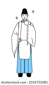 Priest of the shrine, wearing a Eboshi and Kariginu, in a confident pose, Vector Illustration