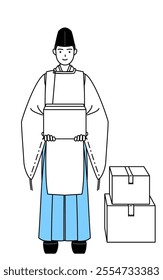 Priest of the shrine, wearing a Eboshi and Kariginu, working to carry cardboard boxes, Vector Illustration