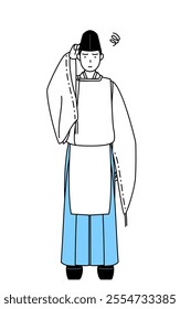 Priest of the shrine, wearing a Eboshi and Kariginu, scratching his head in distress, Vector Illustration