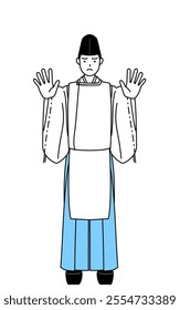 Priest of the shrine, wearing a Eboshi and Kariginu, with his hands out in front of his body, signaling a stop, Vector Illustration