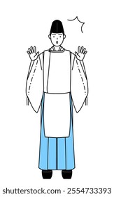 Priest of the shrine, wearing a Eboshi and Kariginu, raising his hand in surprise, Vector Illustration