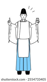 Priest of the shrine, wearing a Eboshi and Kariginu, taking security measures for his phone, Vector Illustration