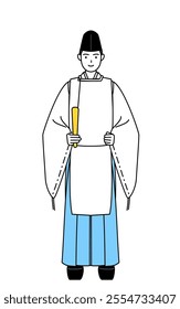 Priest of the shrine, wearing a Eboshi and Kariginu, holding a scepter, Vector Illustration