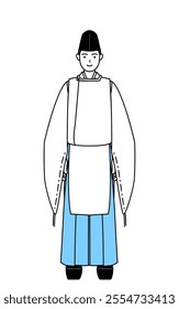 Priest of the shrine, wearing a Eboshi and Kariginu, with a smile facing forward, Vector Illustration