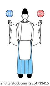 Priest of the shrine, wearing a Eboshi and Kariginu, holding a placard indicating correct and incorrect answers, Vector Illustration