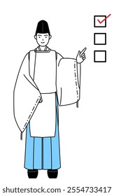 Priest of the shrine, wearing a Eboshi and Kariginu, pointing to a checklist, Vector Illustration