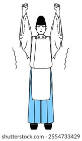 Priest of the shrine, wearing a Eboshi and Kariginu, stretching and standing tall, Vector Illustration