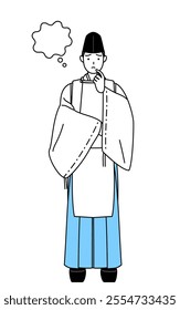 Priest of the shrine, wearing a Eboshi and Kariginu, thinking while scratching his face, Vector Illustration