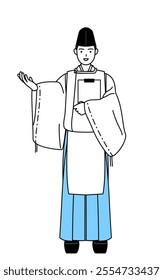 Priest of the shrine, wearing a Eboshi and Kariginu, holding a clipboard and extending his hand, Vector Illustration